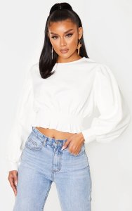 White Woven Puff Sleeve Ruched Waist Blouse