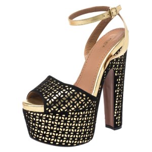 Alaia Black Laser Cut Suede And Gold Leather Peep-Toe Platform Sandals Size 38