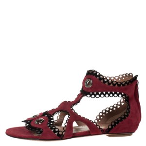 Alaia Maroon Suede Scallop Trim Eyelet Embellished Ankle Cuff Flat Sandals Size 40