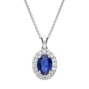 18ct White Gold 1.01ct Sapphire Diamond Oval Cluster Necklace