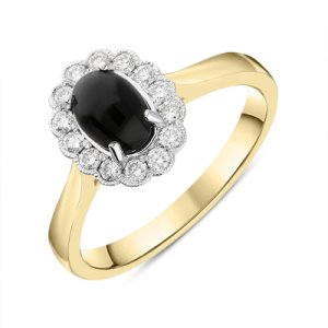 C W Sellors 18ct yellow gold whitby jet 0.22ct diamond oval ring