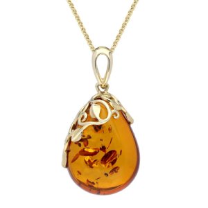 9ct Yellow Gold Amber Pear Leaf Necklace