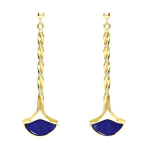 9ct Yellow Gold Lapis Lazuli Drop Twist Fan Stud Earrings