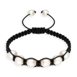 Black Leather White Pearl Bracelet