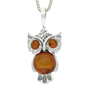 C W Sellors Sterling silver amber cubic zirconia medium owl necklace