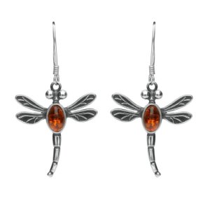 Sterling Silver Amber Dragonfly Hook Earrings