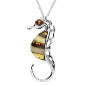 C W Sellors Sterling silver amber large seahorse necklace