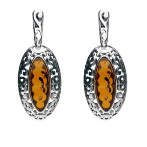 C W Sellors Sterling silver amber ornate edge oval drop earrings