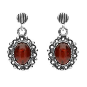 C W Sellors Sterling silver amber oval ornate edge drop earrings