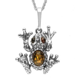 C W Sellors Sterling silver amber small frog necklace