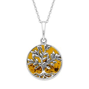 Sterling Silver Amber Small Round Large Leaves Tree of Life Necklace