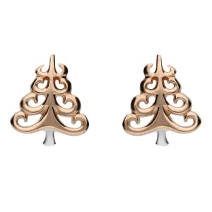 Sterling Silver and Rose Gold Christmas Tree Stud Earrings