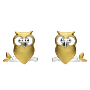Sterling Silver and Yellow Gold Owl on a Branch Stud Earrings