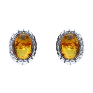 Sterling Silver Baltic Amber Oval Beaded Edge Small Stud Earrings