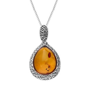 C W Sellors Sterling silver cognac amber basket weave edge pear necklace