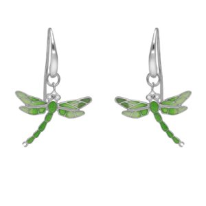 C W Sellors Sterling silver diamond green enamel house style dragonfly drop earrings