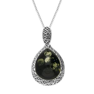 W Hamond Sterling silver green amber basket weave edge pear necklace