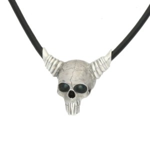 Sterling Silver Leather Horned Skull Necklace