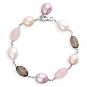 Sterling Silver Multi-coloured Pearl and Quartz Bead Bracelet