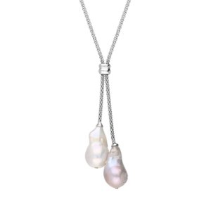 Sterling Silver Peach and White Baroque Pearl Two Stone Drop Necklace