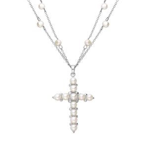 Sterling Silver Pearl Double Chain Cross Necklace