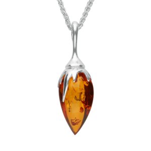 C W Sellors Sterling silver silver amber plant bud necklace