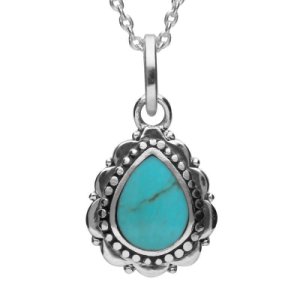 Sterling Silver Turquoise Beaded Edge Pear Shape Necklace