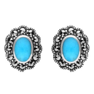 Sterling Silver Turquoise Marcasite Oval Beaded Edge Stud Earrings