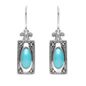 Sterling Silver Turquoise Marcasite Oval Oblong Drop Hook Earrings