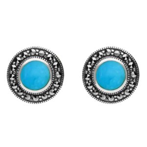 Sterling Silver Turquoise Marcasite Round Beaded Edge Stud Earrings