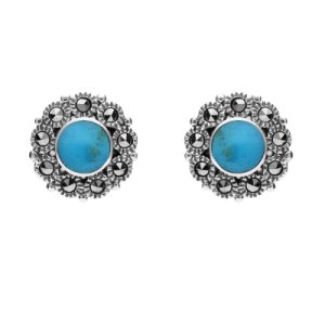 Sterling Silver Turquoise Marcasite Round Stud Earrings
