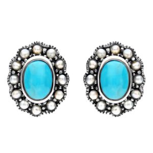 Sterling Silver Turquoise Pearl Oval Beaded Edge Stud Earrings