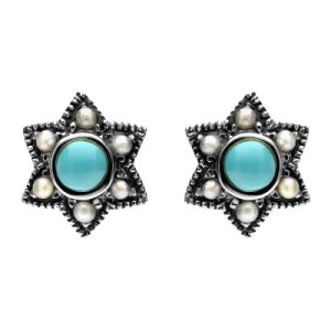 Sterling Silver Turquoise Pearl Six Point Star Stud Earrings