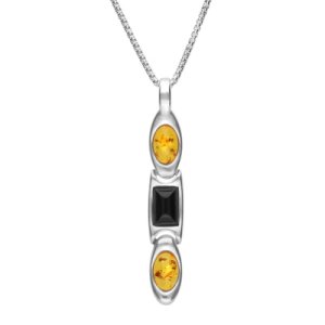 Sterling Silver Whitby Jet Amber Oval And Rectangle Necklace