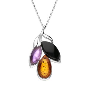 C W Sellors Sterling silver whitby jet amethyst amber three stone leaf necklace