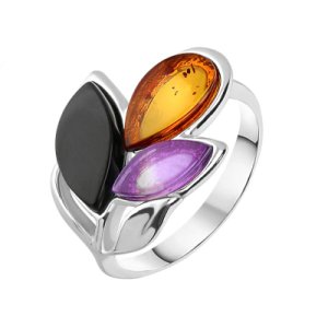 Sterling Silver Whitby Jet Amethyst Amber Three Stone Leaf Ring