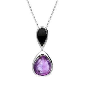 Sterling Silver Whitby Jet Amethyst Double Pear Drop Necklace