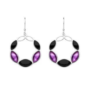 C W Sellors Sterling silver whitby jet amethyst five stone circle drop earrings