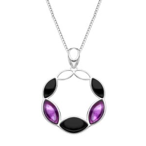 Sterling Silver Whitby Jet Amethyst Five Stone Leaf Circle Necklace