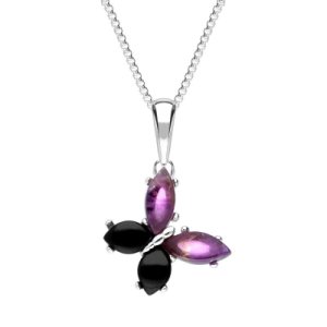 Sterling Silver Whitby Jet Amethyst Small Butterfly Necklace