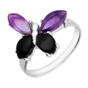 Sterling Silver Whitby Jet Amethyst Small Butterfly Ring