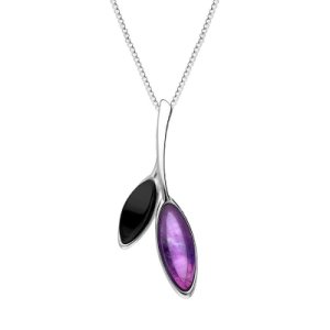 Sterling Silver Whitby Jet Amethyst Two Leaf Drop Necklace