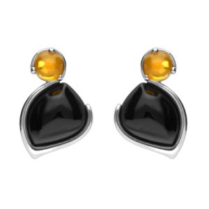 Sterling Silver Whitby Jet and Amber Two Stone Pear Drop Stud Earrings