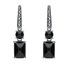 Sterling Silver Whitby Jet and Marcasite Oblong Bar Drop Earrings