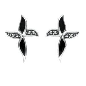 Sterling Silver Whitby Jet and Marcasite Wavy Cross Stud Earrings