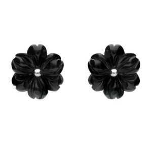 C W Sellors Sterling silver whitby jet carved large flower stud earrings