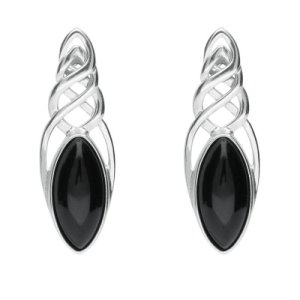 Sterling Silver Whitby Jet Celtic Long Marquise Stud Earrings