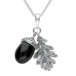 Sterling Silver Whitby Jet Large Acorn and Leaf Necklace