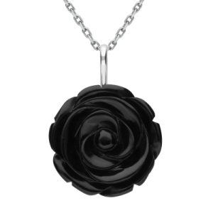 Sterling Silver Whitby Jet Large Carved Rose Necklace