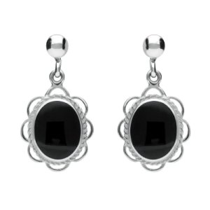 Sterling Silver Whitby Jet Large Oval Rope Frill Drop Earrings